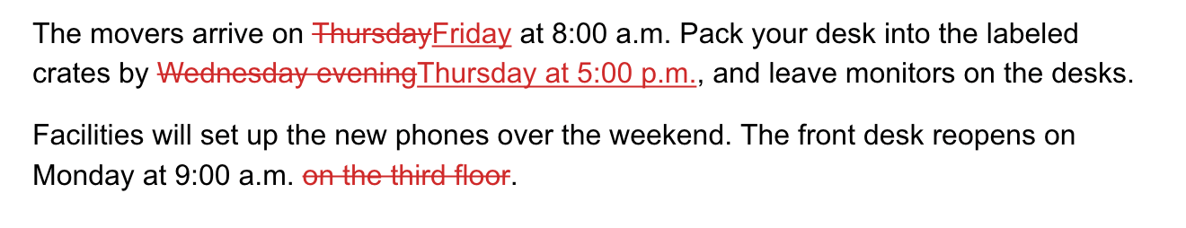 A memo in the Redmond style: old dates struck through in red, new dates underlined in red