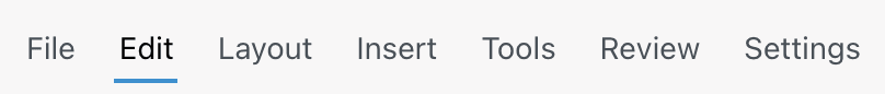 The editor tab row: File, Edit, Layout, Insert, Tools, Review, and Settings
