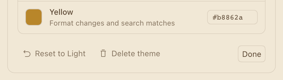The end of the theme editor: the Yellow color, then Reset to Light, Delete theme, and Done