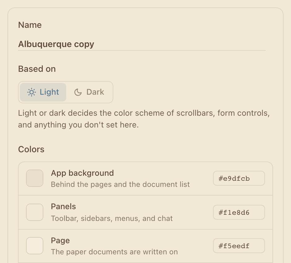 The theme editor with the name Albuquerque copy, Based on set to Light, and the first color rows