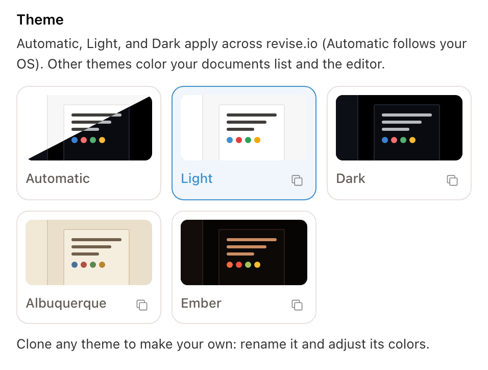 The Theme section with the cards Automatic, Light, Dark, Albuquerque, and Ember