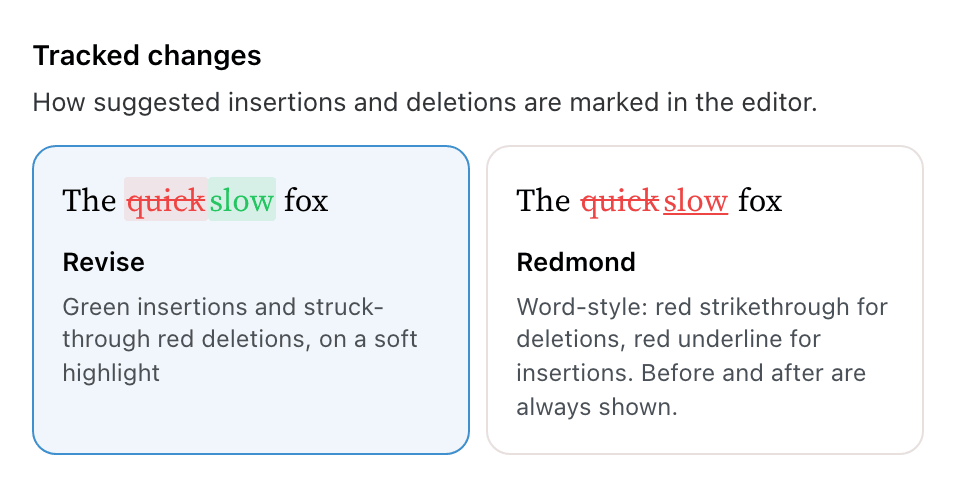 The Tracked changes section with the Revise and Redmond options