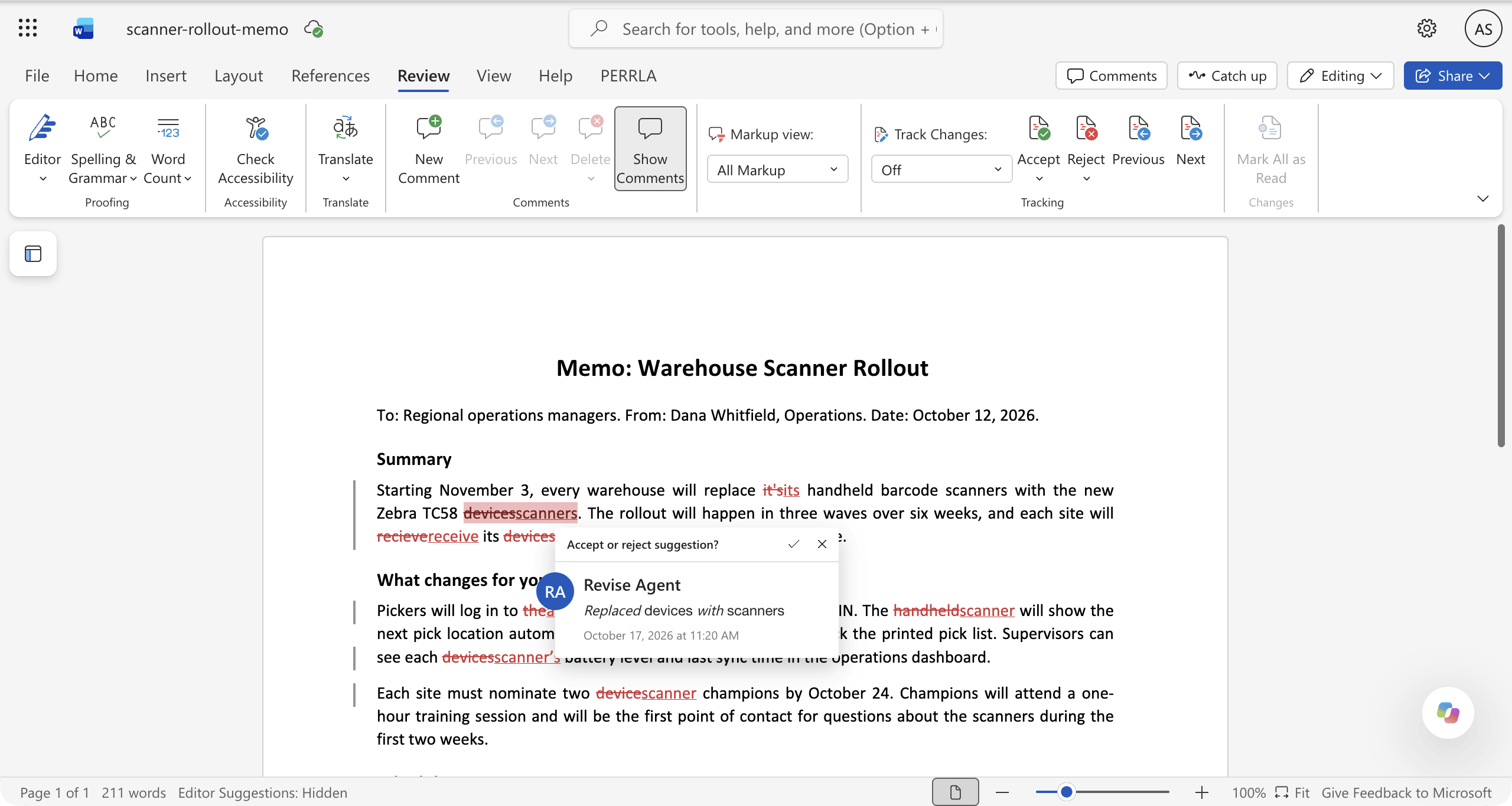 The exported memo in Word for the web with tracked insertions and deletions, and a card attributing a change to Revise Agent