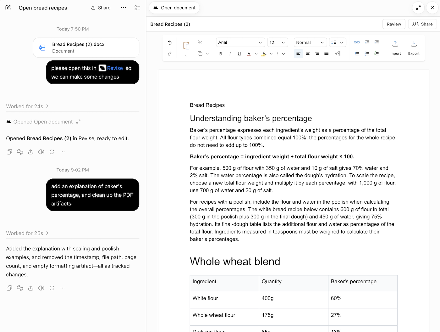 The Revise word processor rendered inside ChatGPT, with the document beside the chat
