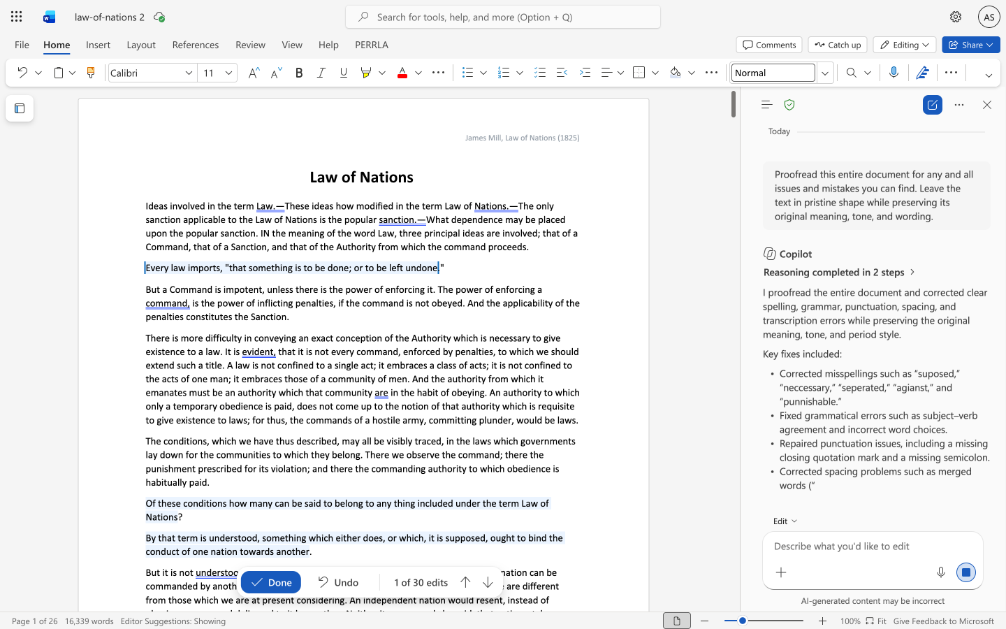 Word 365 Online with the Copilot pane open, a summary of the fixes it made, and a bar reading Done, Undo, 1 of 30 edits