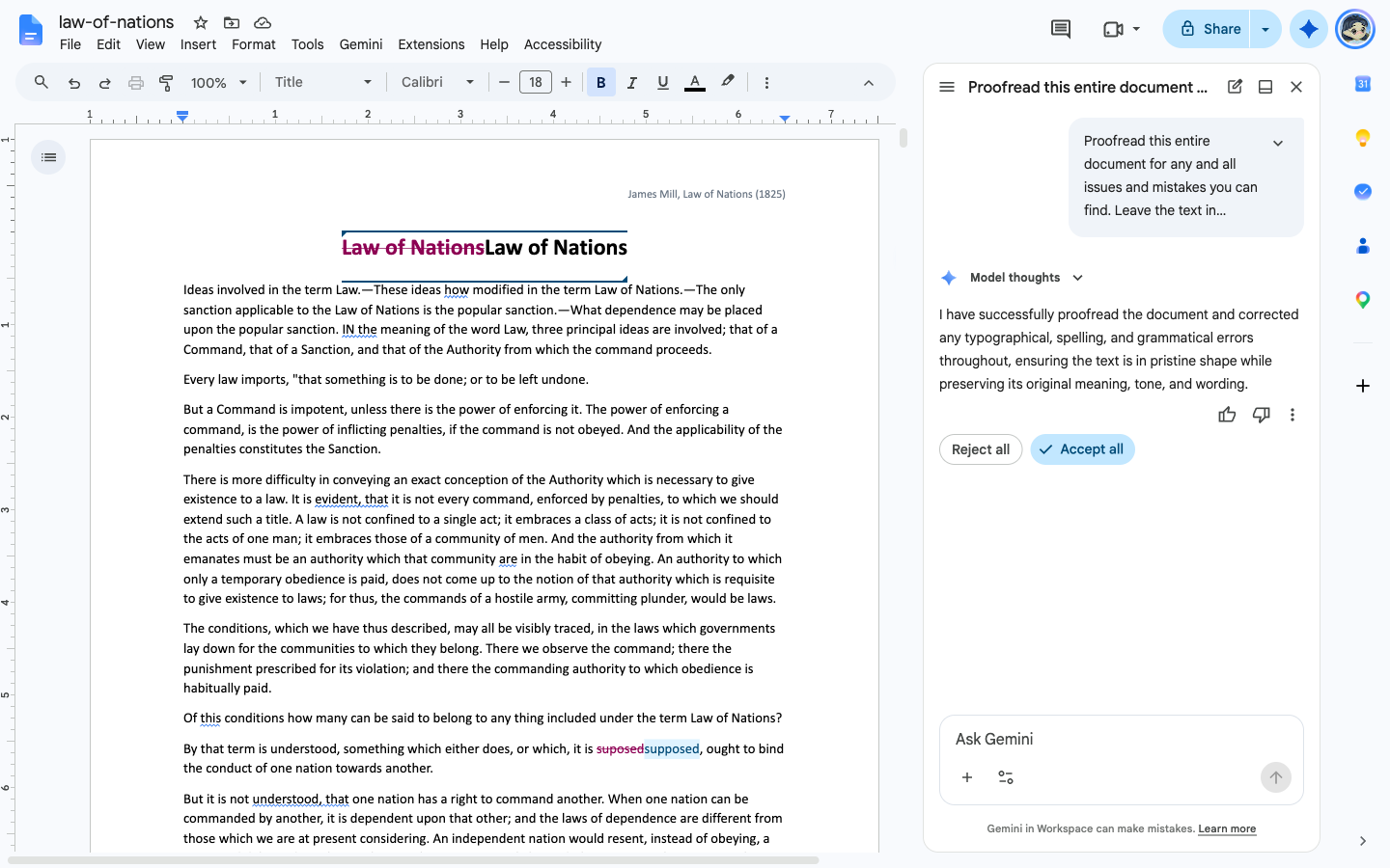 Google Docs with the Gemini panel open, a summary saying the document was proofread, and Accept all and Reject all buttons