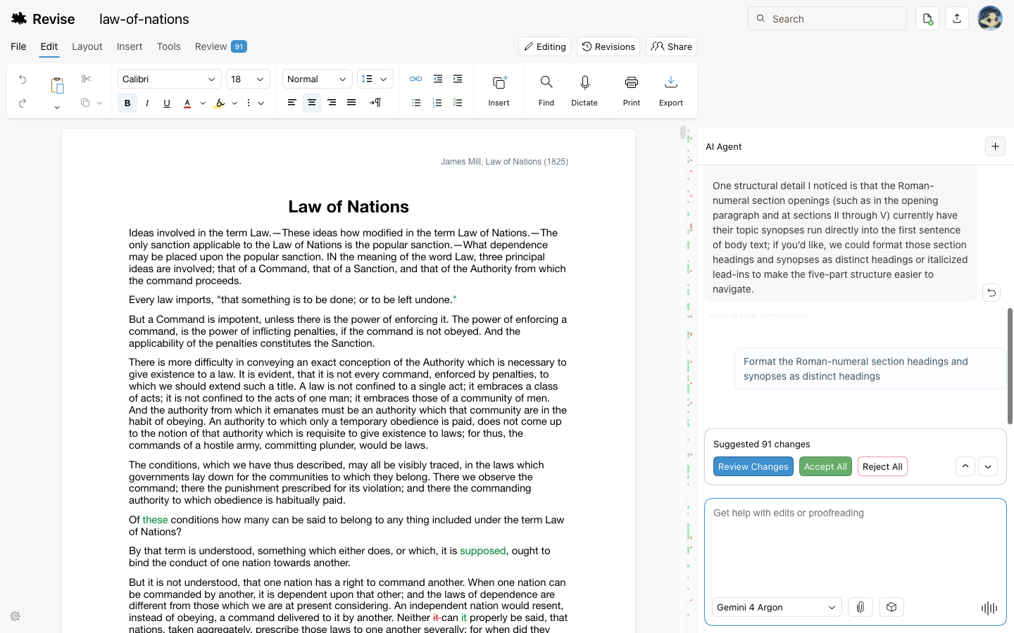 Revise with the Law of Nations document, suggested corrections in green and red in the text, and the agent panel offering Accept All and Reject All