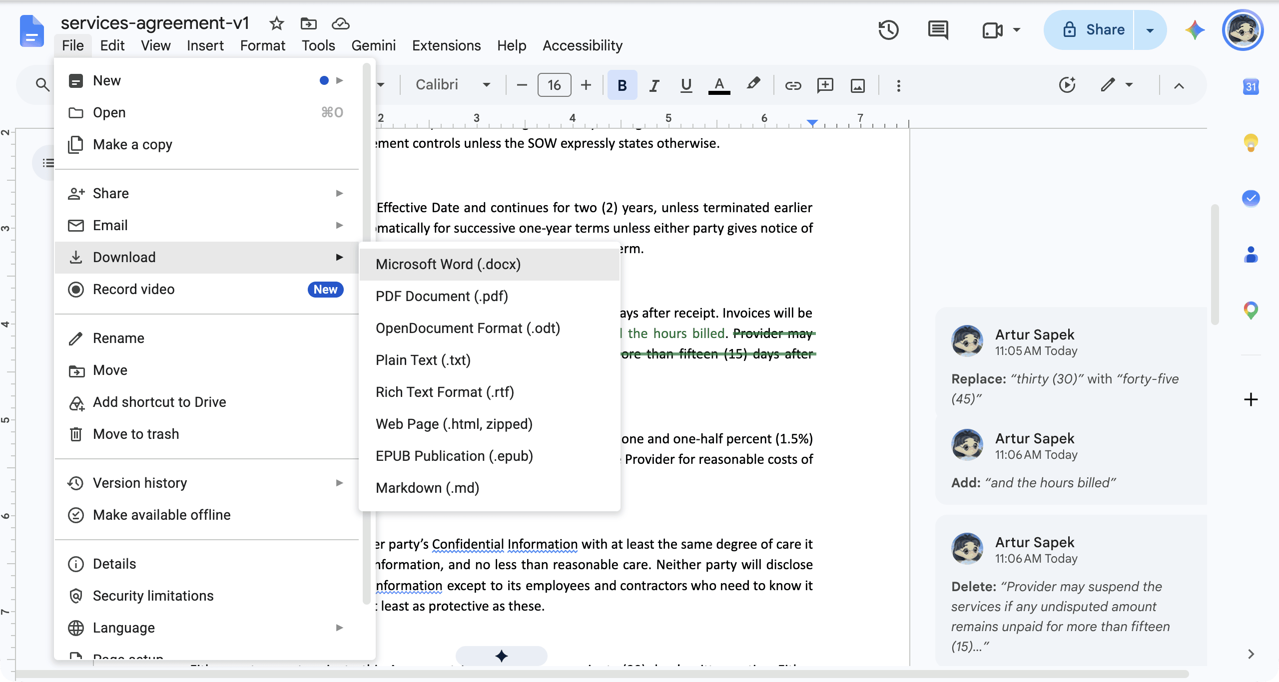 Google Docs File menu with Download open and Microsoft Word (.docx) at the top of the list