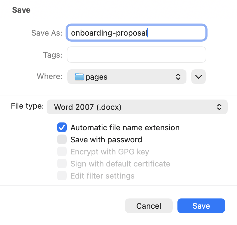 LibreOffice Writer save dialog with the file type set to Word 2007 (.docx)
