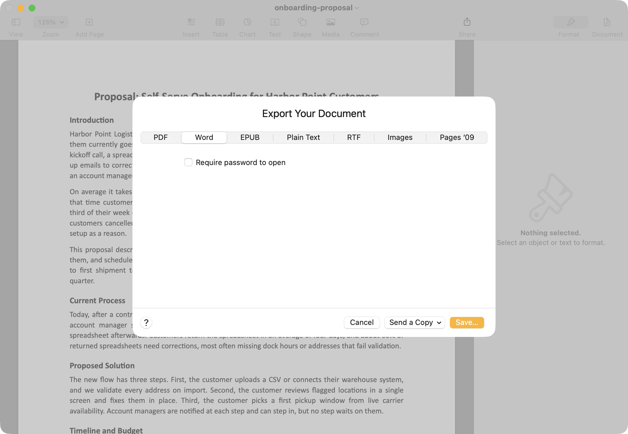 The Pages Export Your Document dialog with the Word tab selected