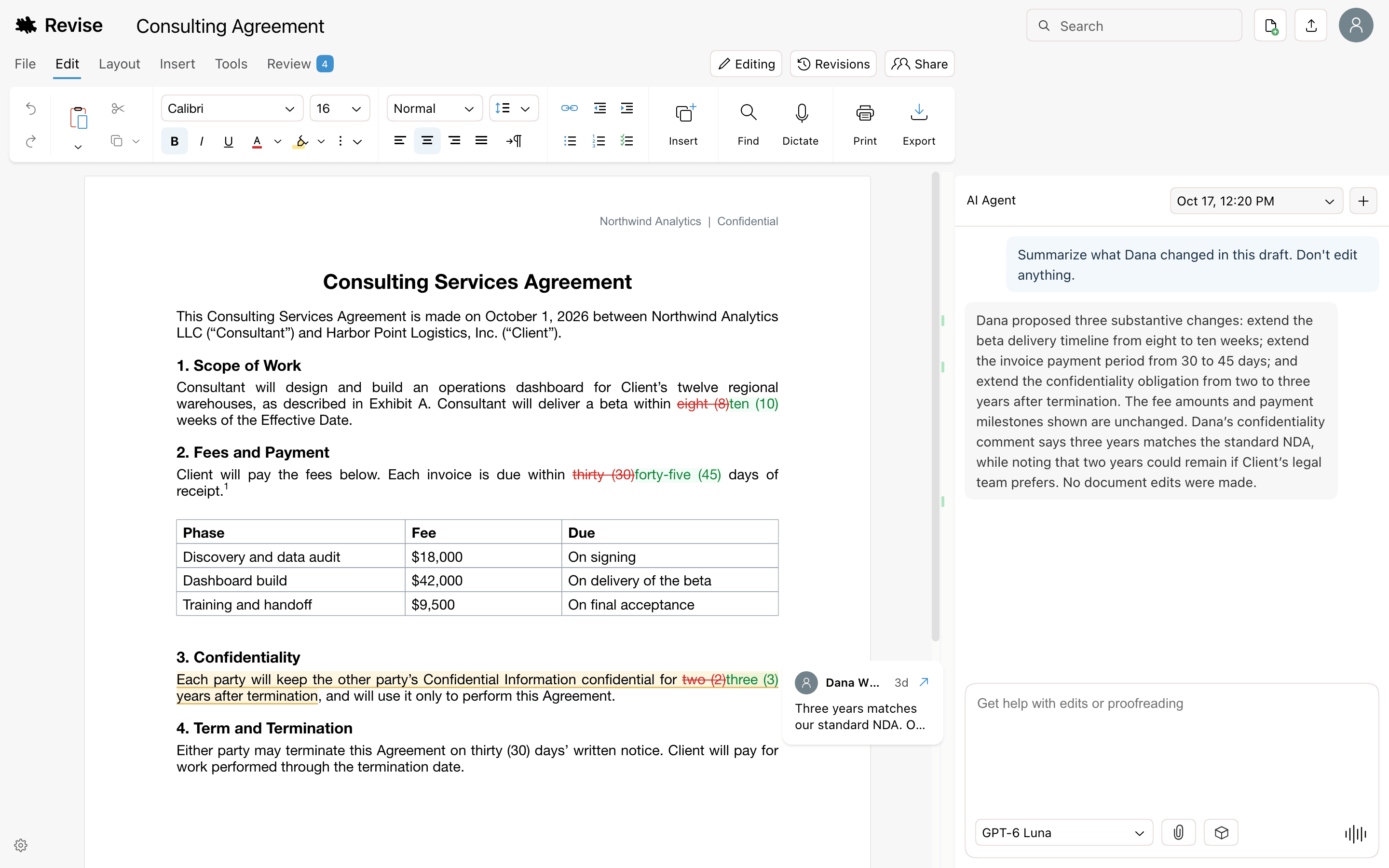 Revise with an imported consulting agreement showing a header, tracked insertions and deletions, a fee table, a reviewer comment in the margin, and the AI agent panel summarizing the reviewer's changes