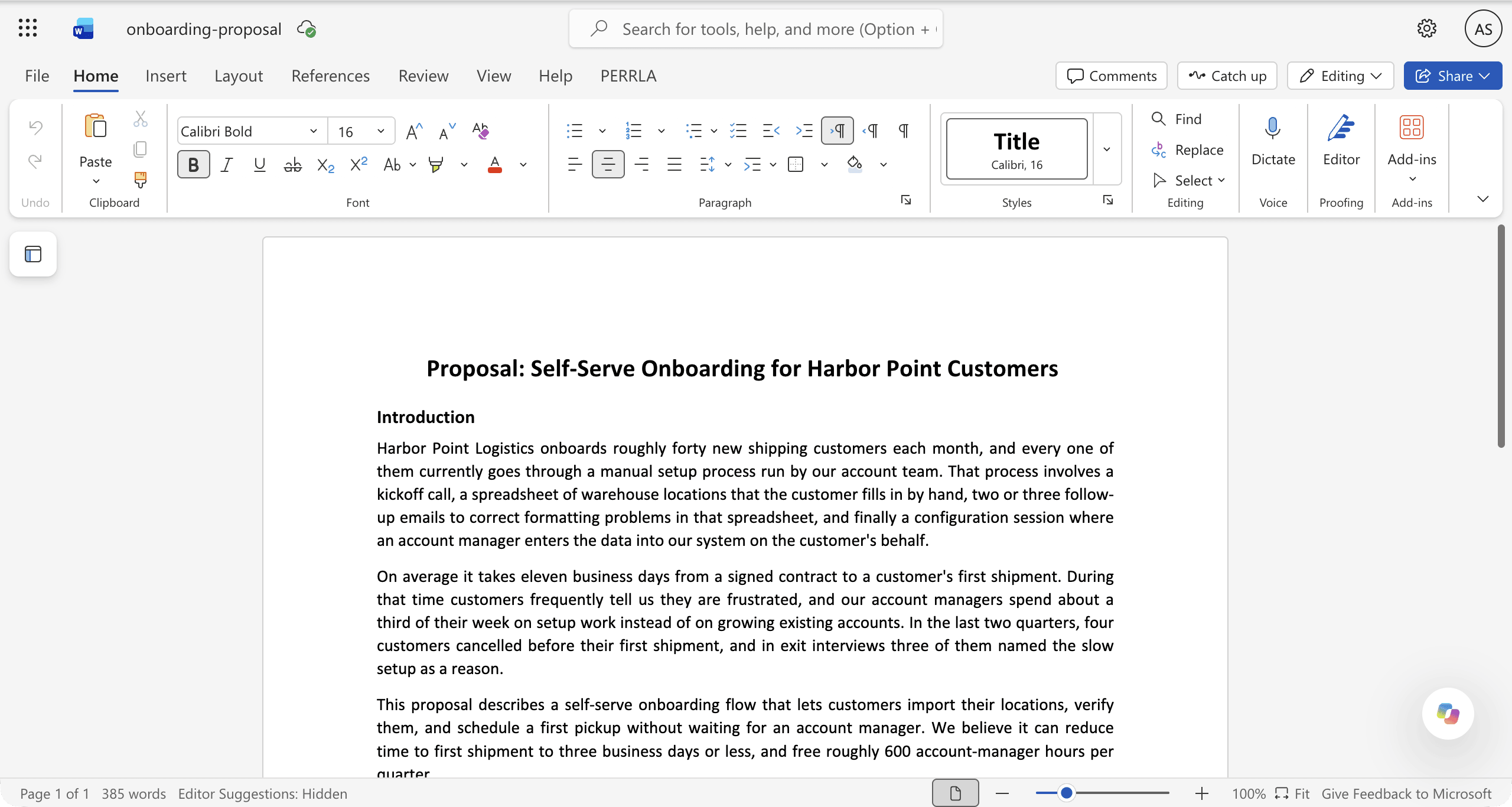 A project proposal open for editing in Word for the web, with the Home ribbon