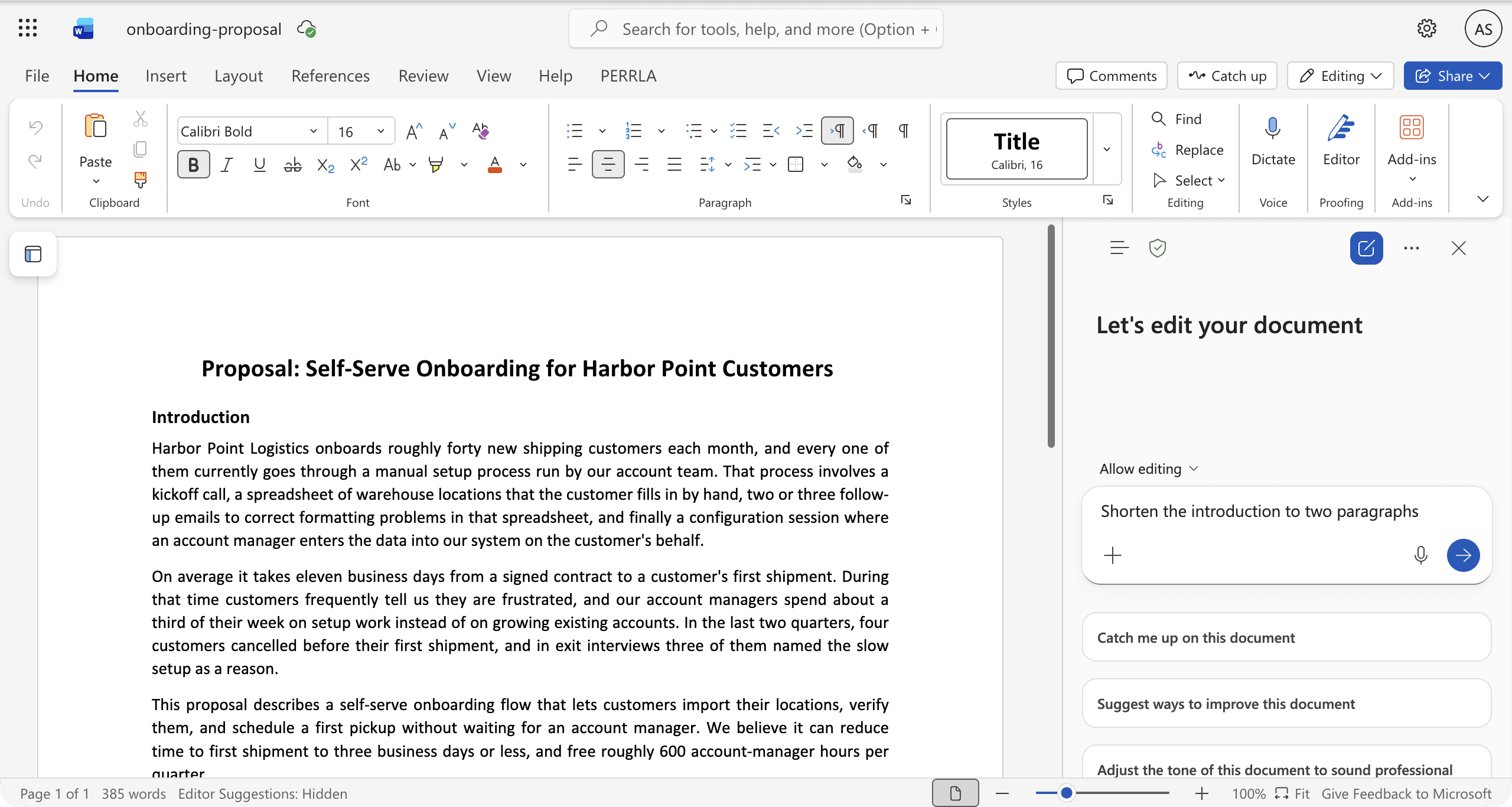 The Copilot pane titled Let's edit your document, with Allow editing above the prompt box and a request to shorten the introduction