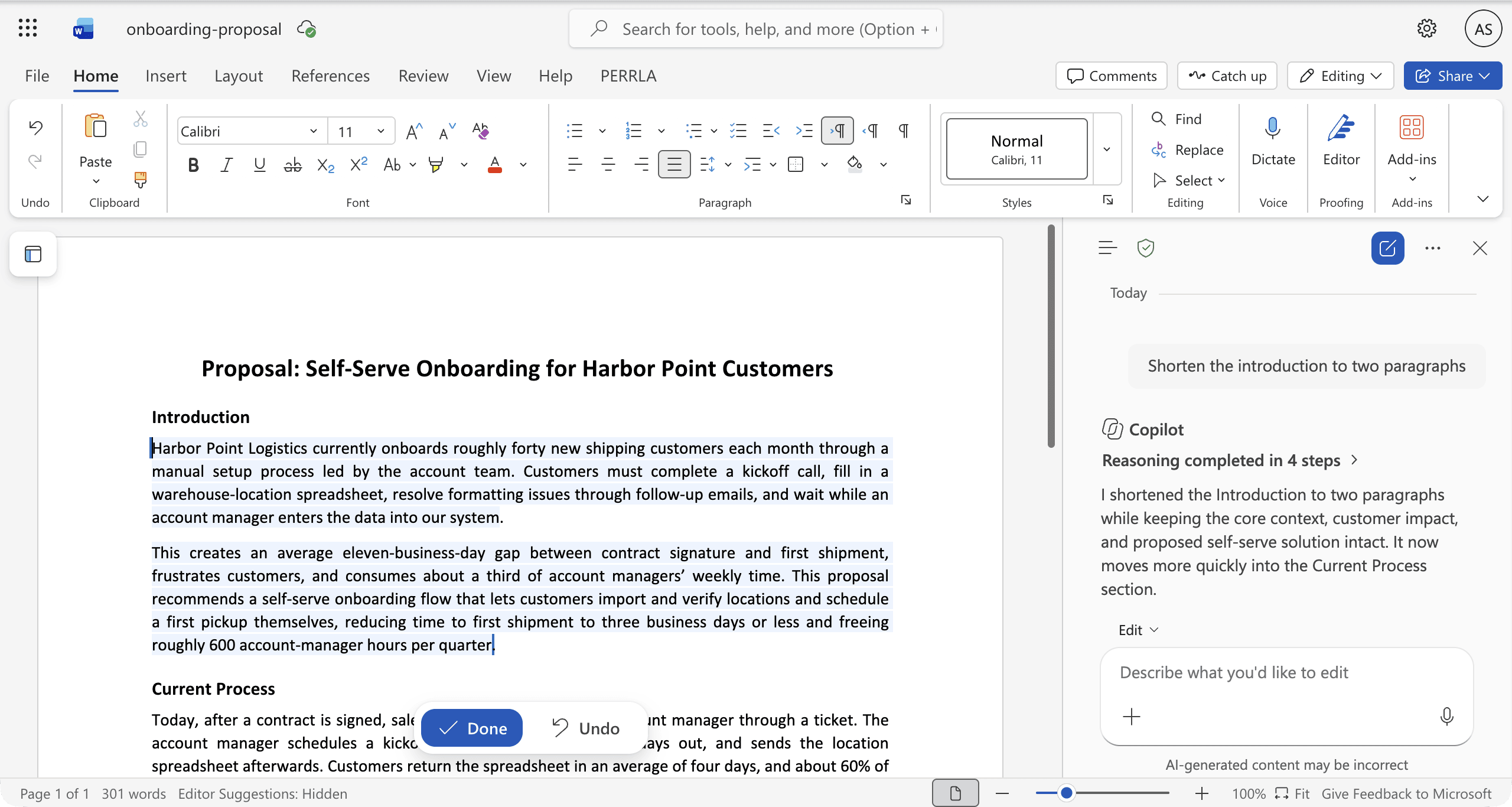 A shortened two-paragraph introduction highlighted in light blue in Word for the web, with Done and Undo buttons below