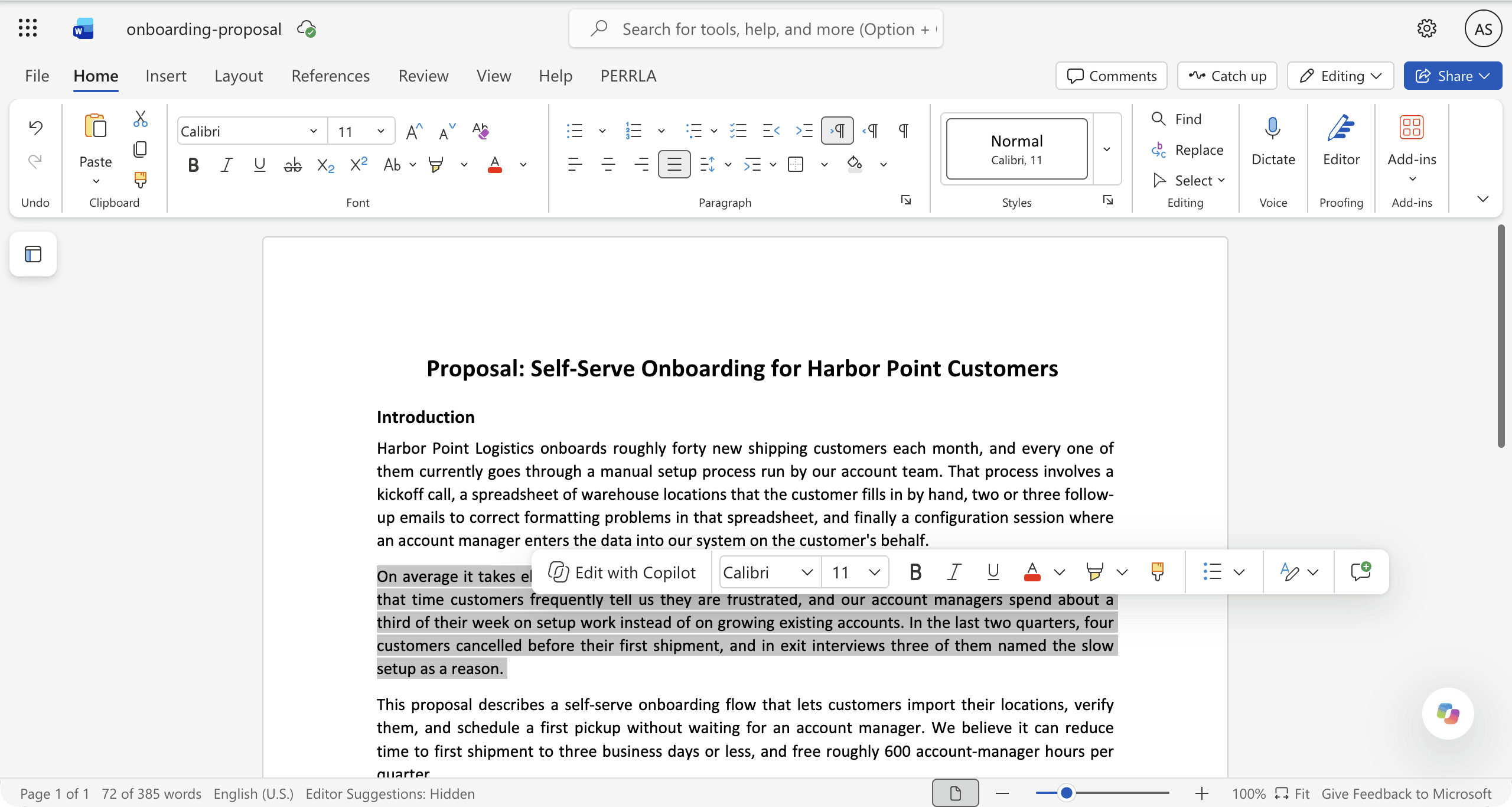 A selected paragraph in Word for the web with a floating toolbar whose first button is Edit with Copilot