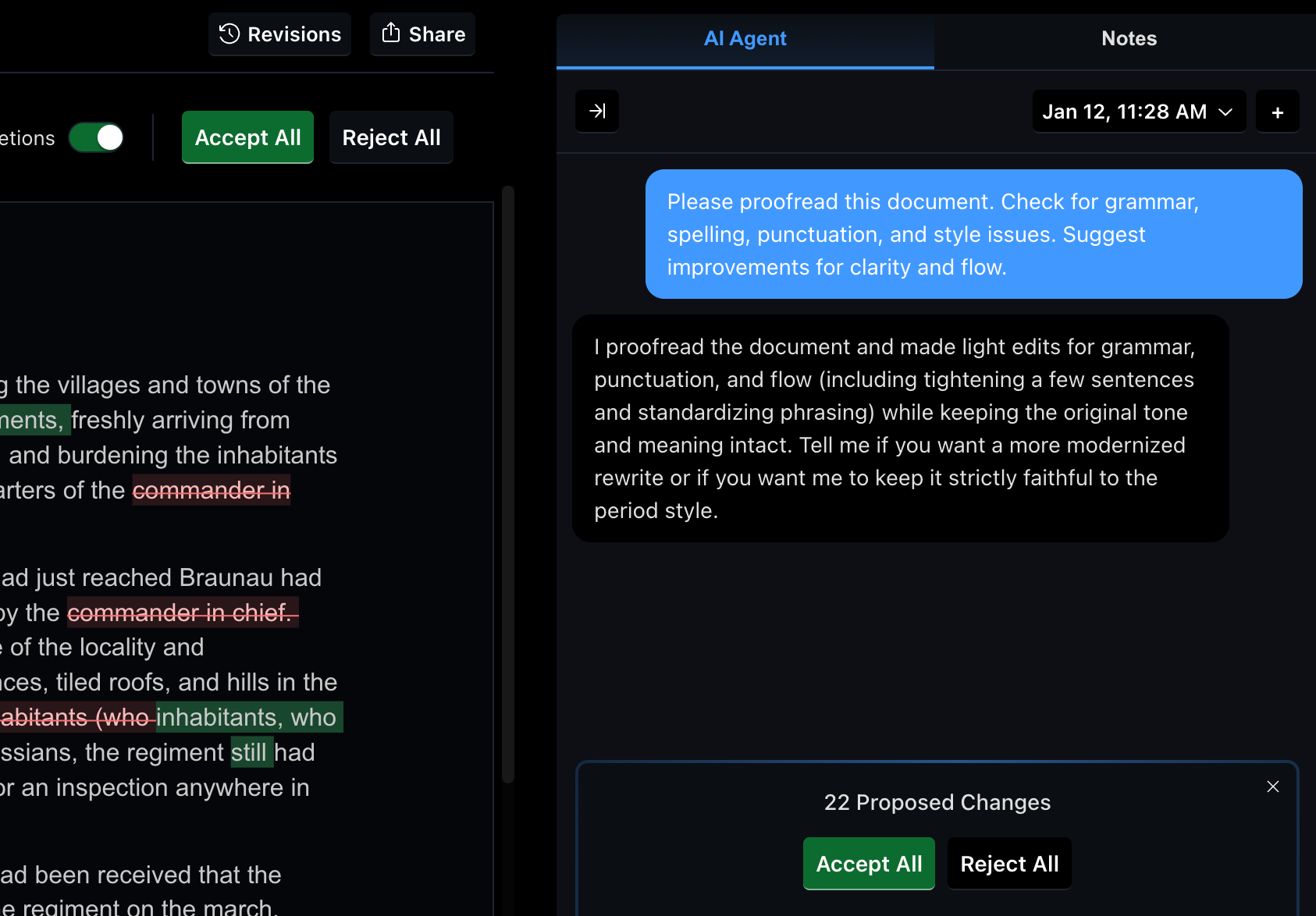 AI Agent helping proofread a document