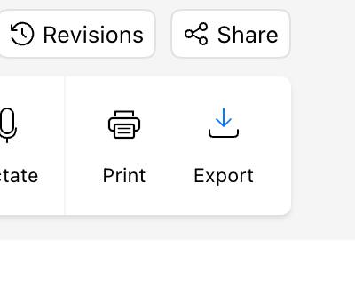 The Print and Export buttons in the editor UI