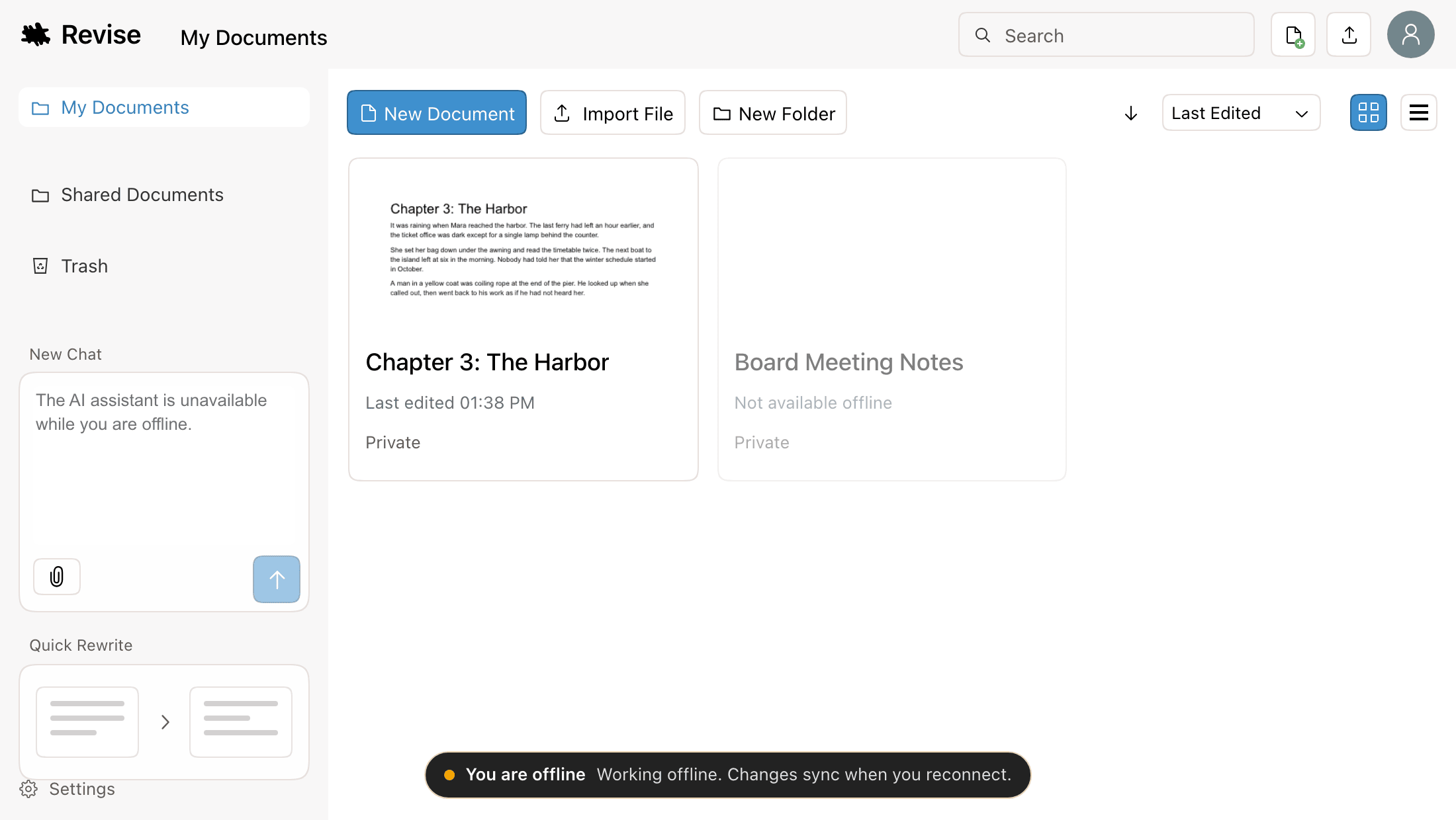 The documents list while offline, with a You are offline banner