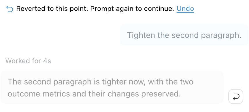 The agent chat after a revert, with dimmed messages, a Reverted to this point marker, and a Recover these changes button